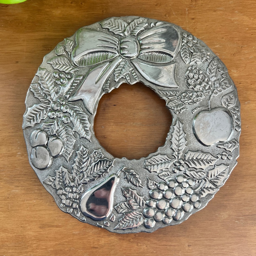 Vintage Italy Silver Tone Metal Fruit Wreath Wall Hanging Trivet Embossed Bow